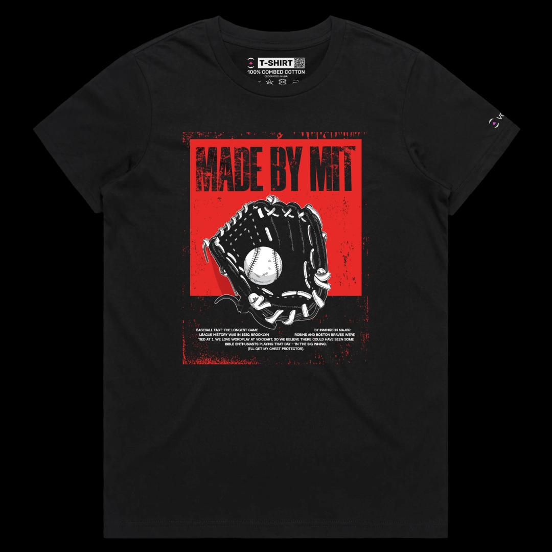 VOICEART Black Female Regular Baseball MIT Sports T-Shirt Premium Graphic Design Mitt Glove Wordplay Tee for Baseball Fans