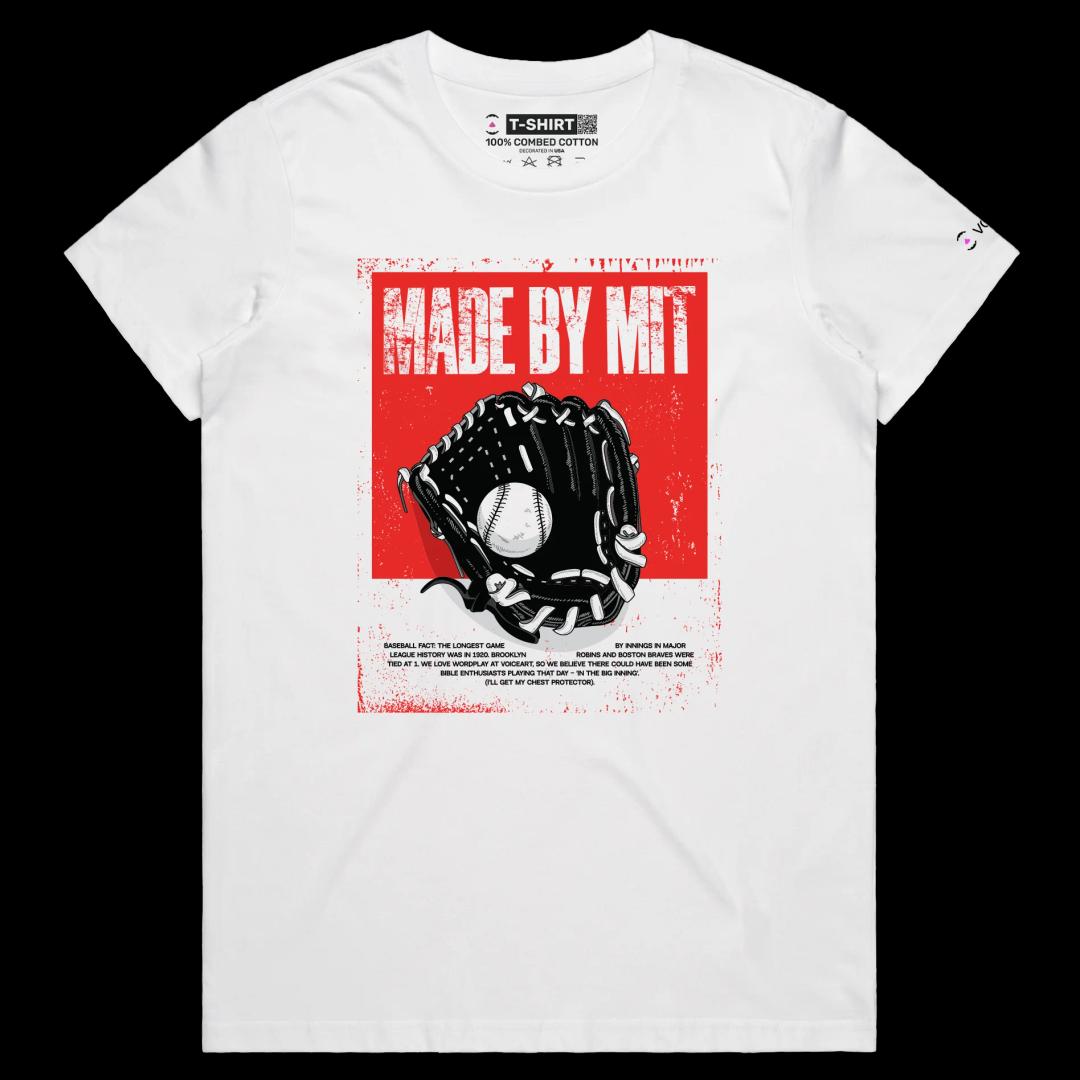 VOICEART White Female Regular Baseball MIT Sports T-Shirt Premium Graphic Design Mitt Glove Wordplay Tee for Baseball Fans