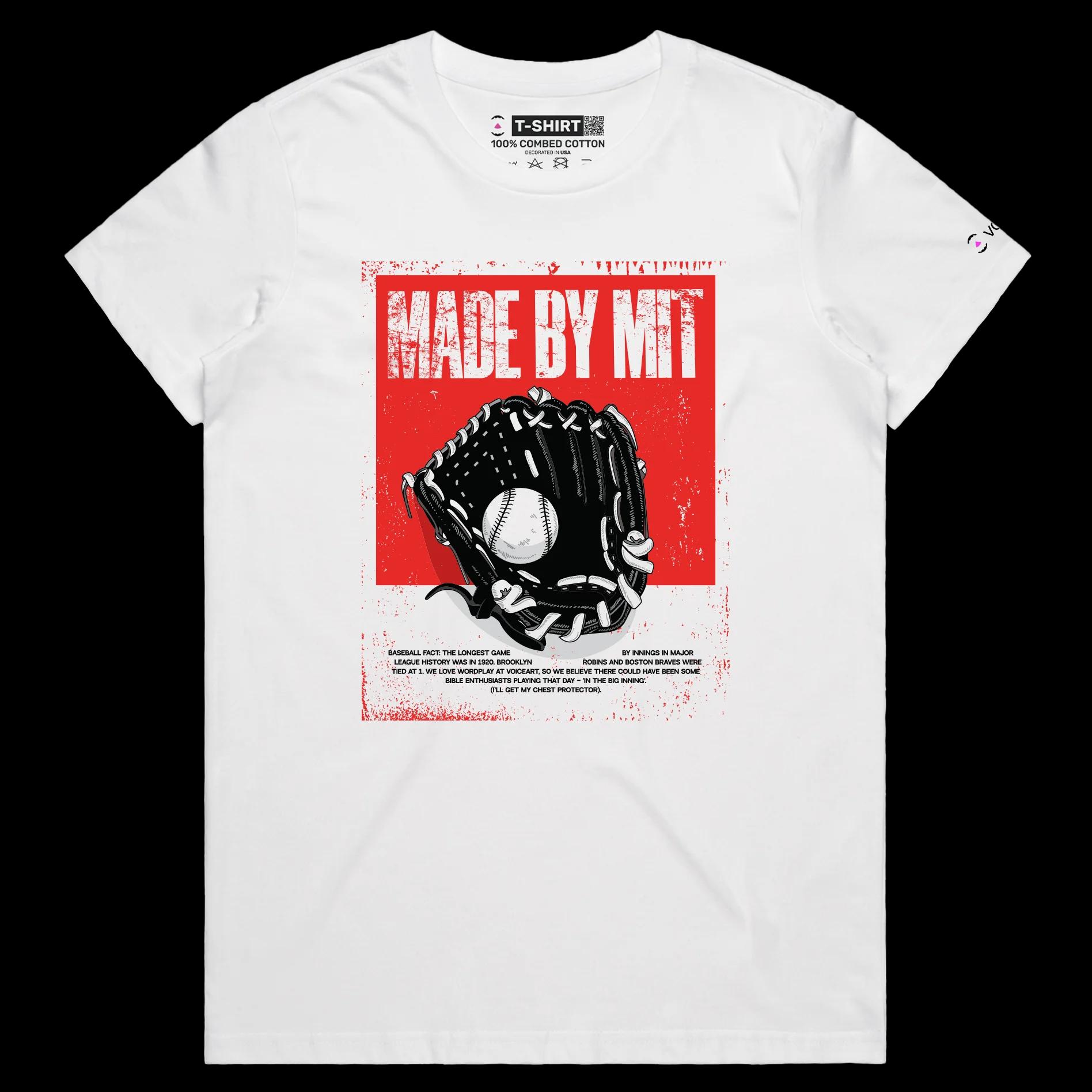 VOICEART White Female Regular Baseball MIT Sports T-Shirt Premium Graphic Design Mitt Glove Wordplay Tee for Baseball Fans