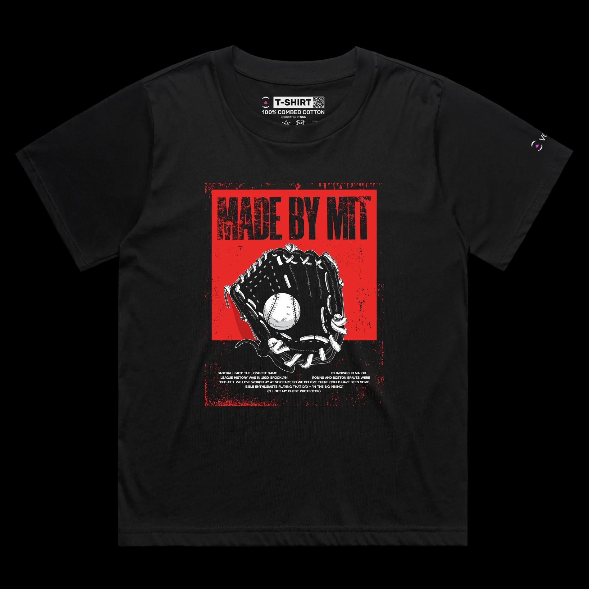 VOICEART Black Female Loose Baseball MIT Sports T-Shirt Premium Graphic Design Mitt Glove Wordplay Tee for Baseball Fans