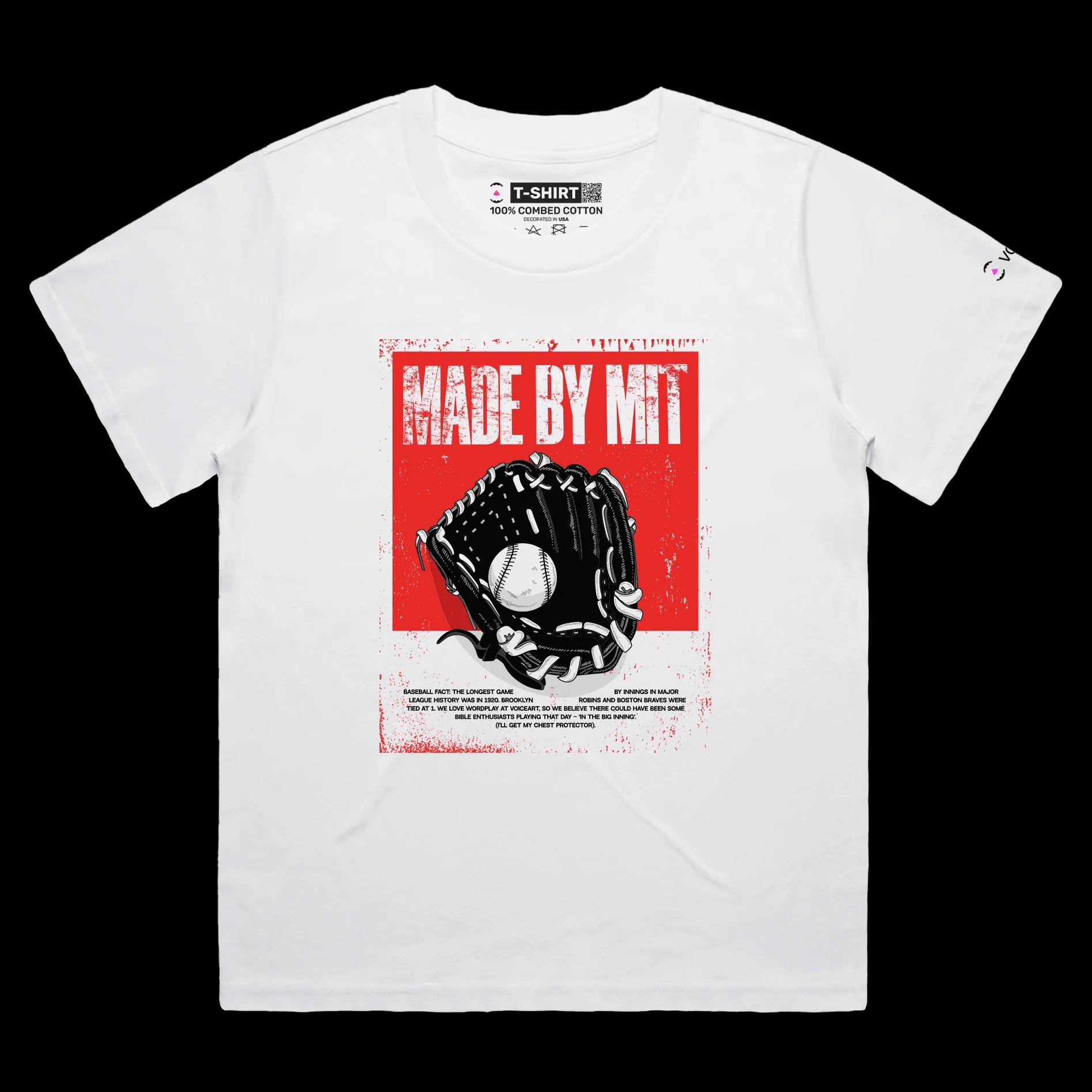 VOICEART White Female Loose Baseball MIT Sports T-Shirt Premium Graphic Design Mitt Glove Wordplay Tee for Baseball Fans