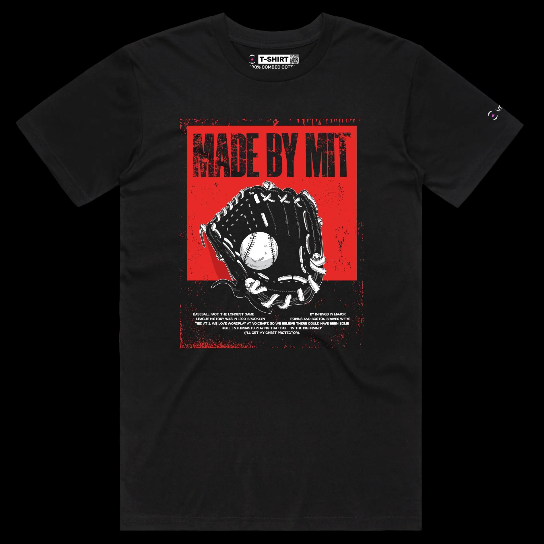VOICEART Black Male Regular Baseball MIT Sports T-Shirt Premium Graphic Design Mitt Glove Wordplay Tee for Baseball Fans