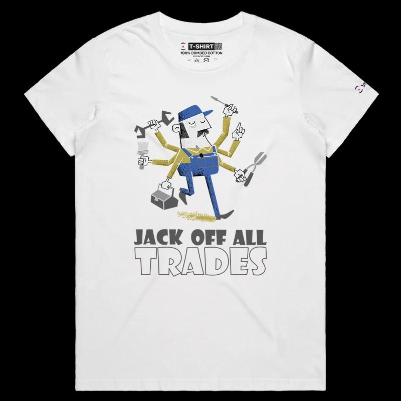 VOICEART White Female Regular Handyman with Various Tools Funny Graphic T-Shirt Premium Design Jack of All Trades Tee Adults