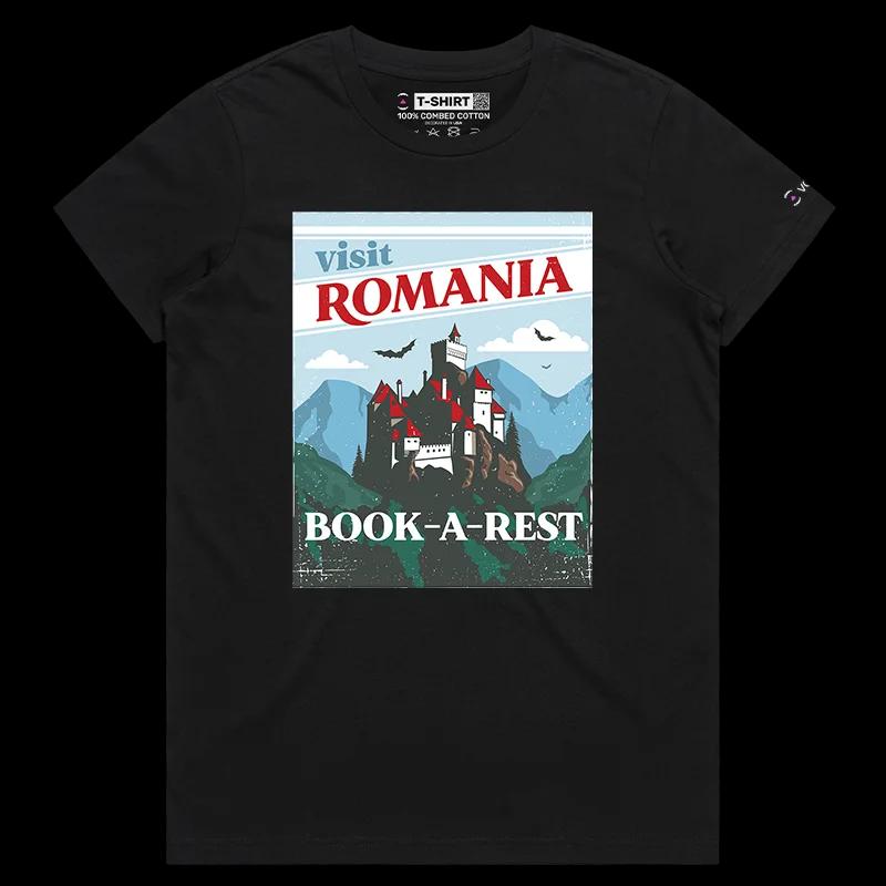 VOICEART Black Female Regular Transylvanian Medieval Castle Graphic T-Shirt Premium Design Book a Rest in Draculas Home Tee