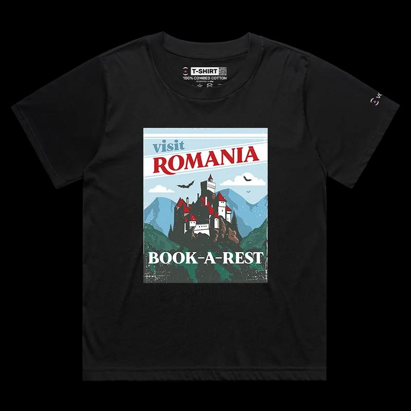 VOICEART Black Female Loose Transylvanian Medieval Castle Graphic T-Shirt Premium Design Book a Rest in Draculas Home Tee