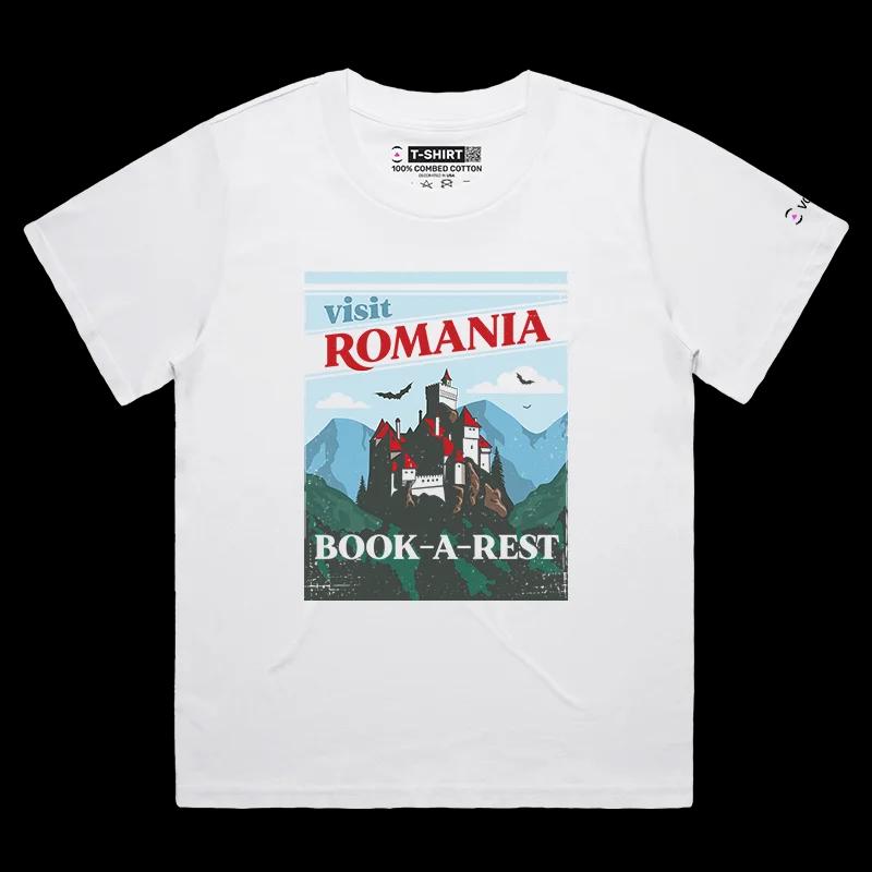 VOICEART White Female Loose Transylvanian Medieval Castle Graphic T-Shirt Premium Design Book a Rest in Draculas Home Tee