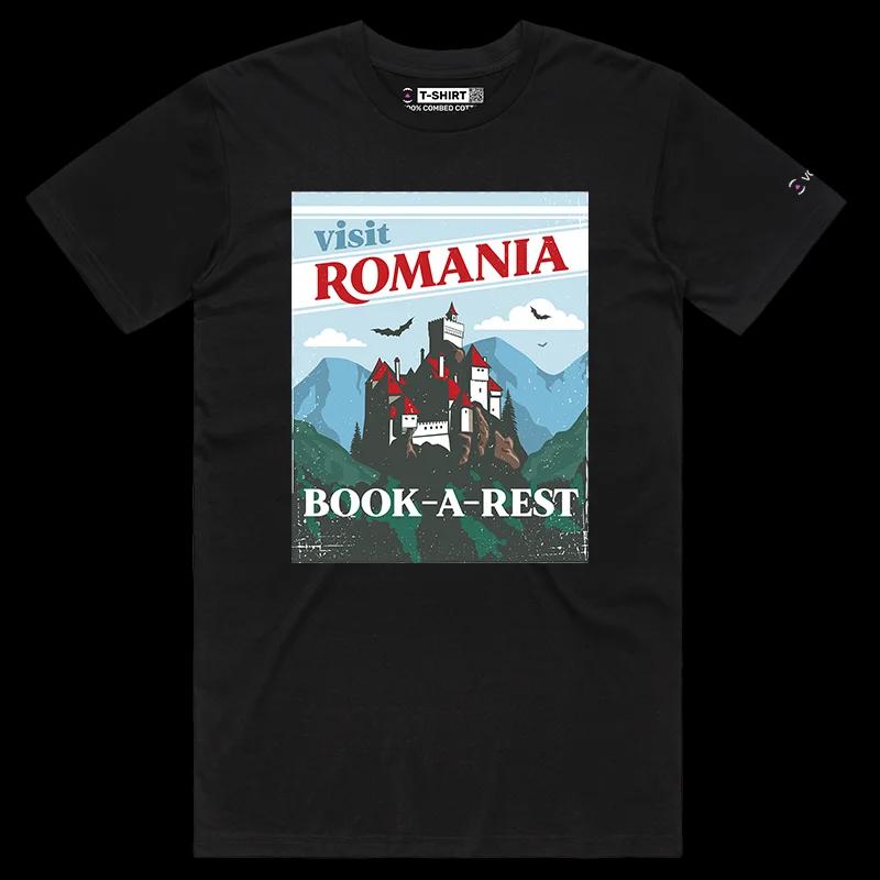 VOICEART Black Male Regular Transylvanian Medieval Castle Graphic T-Shirt Premium Design Book a Rest in Draculas Home Tee