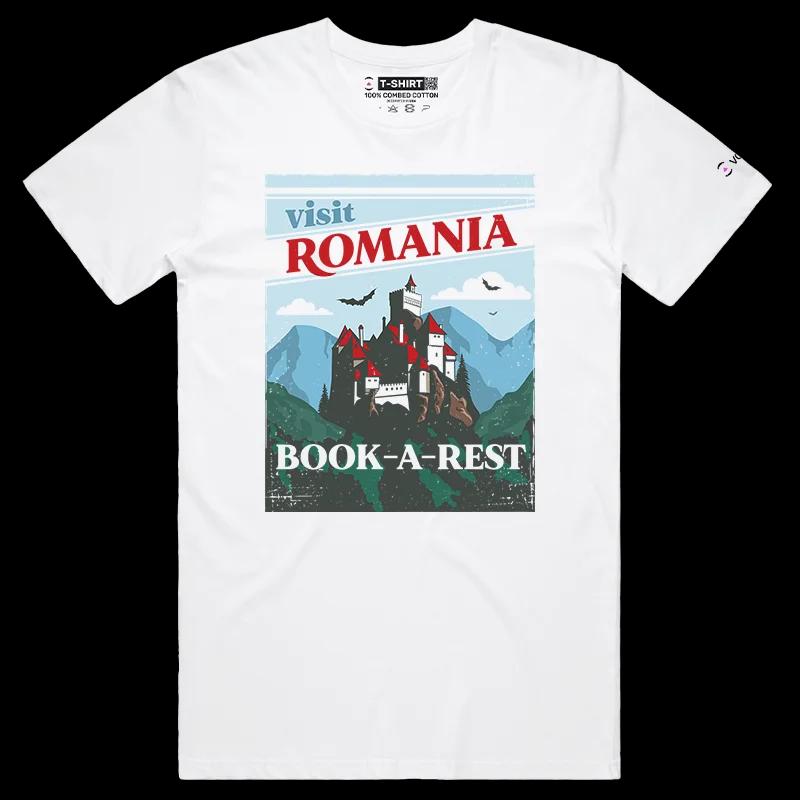 VOICEART White Male Regular Transylvanian Medieval Castle Graphic T-Shirt Premium Design Book a Rest in Draculas Home Tee