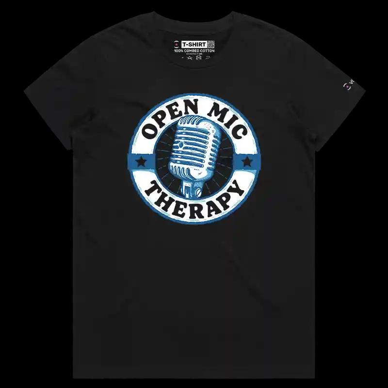 VOICEART Black Female Regular Open Mic Therapy Funny T-Shirt with Premium Quality Graphic Comedy Improv Tee with Play Words