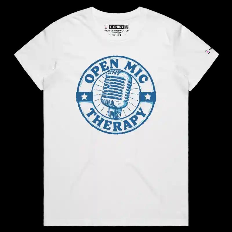 VOICEART White Female Regular Open Mic Therapy Funny T-Shirt with Premium Quality Graphic Comedy Improv Tee with Play Words