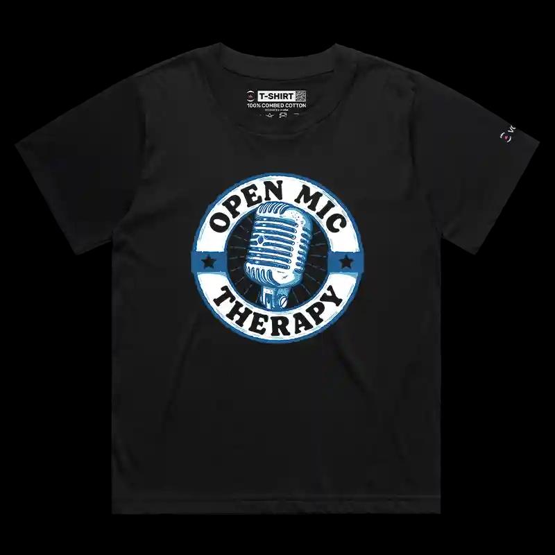 VOICEART Black Female Loose Open Mic Therapy Funny T-Shirt with Premium Quality Graphic Comedy Improv Tee with Play Words