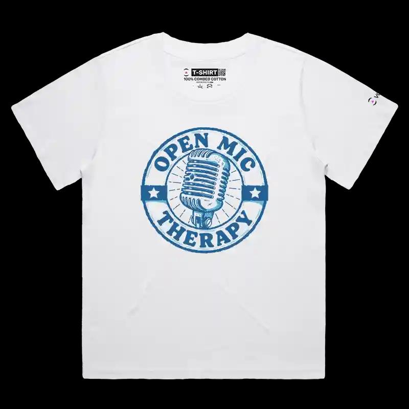 VOICEART White Female Loose Open Mic Therapy Funny T-Shirt with Premium Quality Graphic Comedy Improv Tee with Play Words
