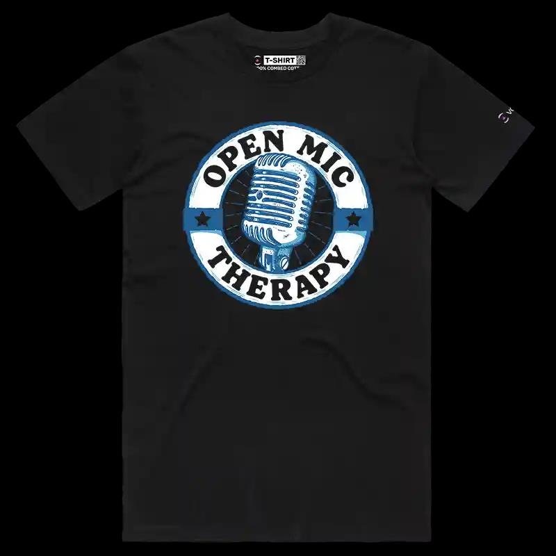 VOICEART Black Male Regular Open Mic Therapy Funny T-Shirt with Premium Quality Graphic Comedy Improv Tee with Play Words