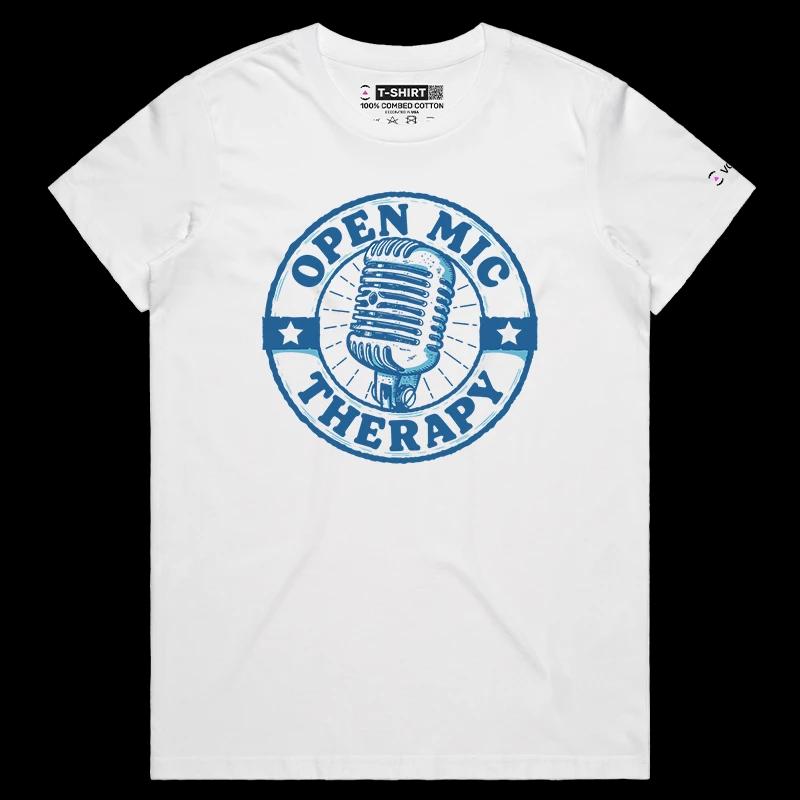 VOICEART White Female Regular Open Mic Therapy Funny T-Shirt with Premium Quality Graphic Comedy Improv Tee with Play Words