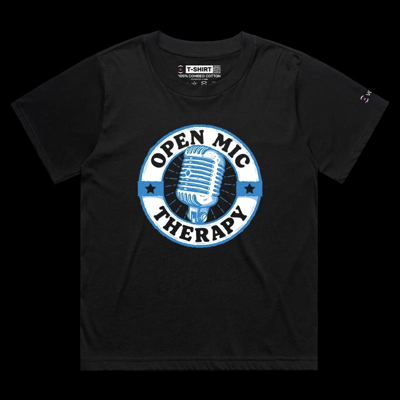 VOICEART Black Female Loose Open Mic Therapy Funny T-Shirt with Premium Quality Graphic Comedy Improv Tee with Play Words