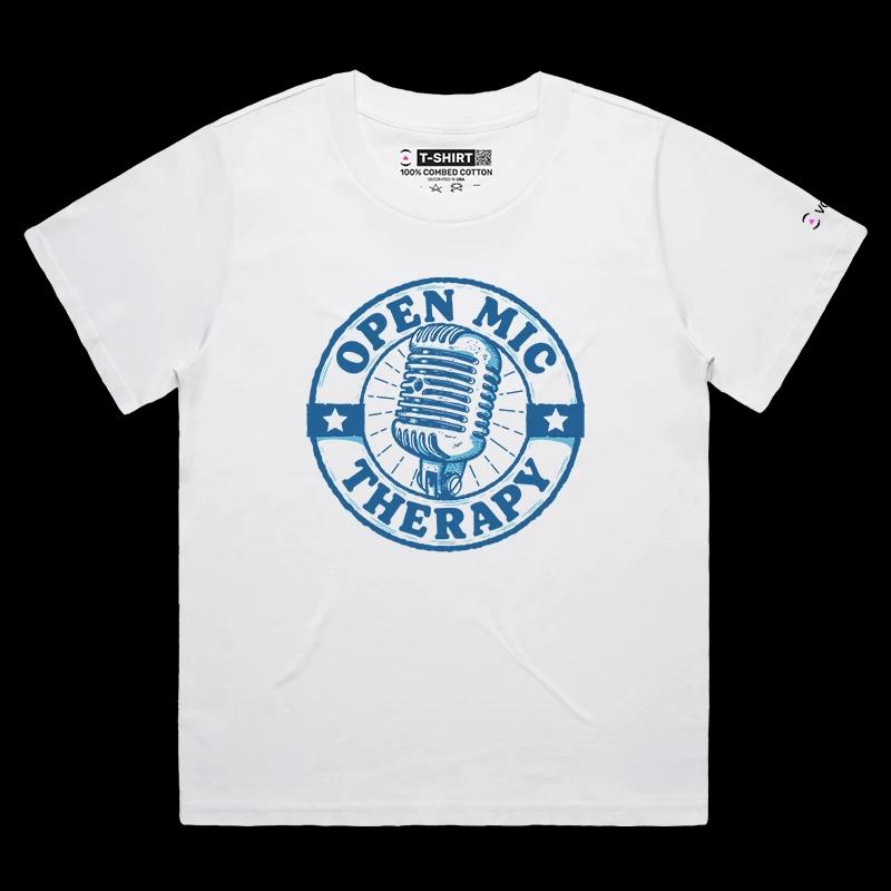 VOICEART White Female Loose Open Mic Therapy Funny T-Shirt with Premium Quality Graphic Comedy Improv Tee with Play Words