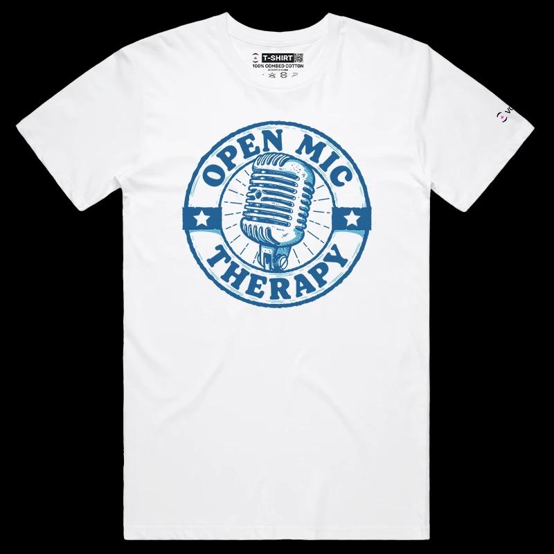 VOICEART White Male Regular Open Mic Therapy Funny T-Shirt with Premium Quality Graphic Comedy Improv Tee with Play Words