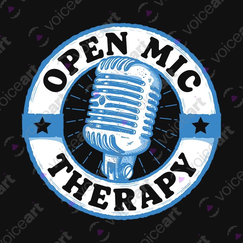 VOICEART Black Watermark Open Mic Therapy Funny T-Shirt with Premium Quality Graphic Comedy Improv Tee with Play Words