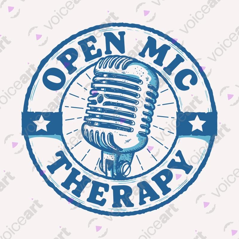 VOICEART White Watermark Open Mic Therapy Funny T-Shirt with Premium Quality Graphic Comedy Improv Tee with Play Words