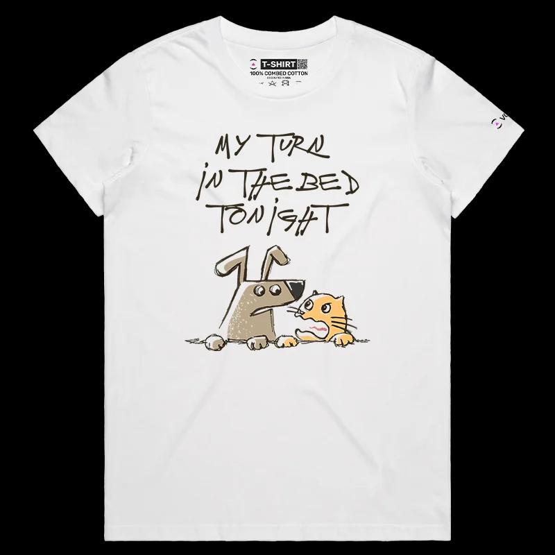 VOICEART White Female Regular Dog and Cat Arguing Funny Animals Shirt Premium Quality Graphic Furry Friends Tee Pet Owners