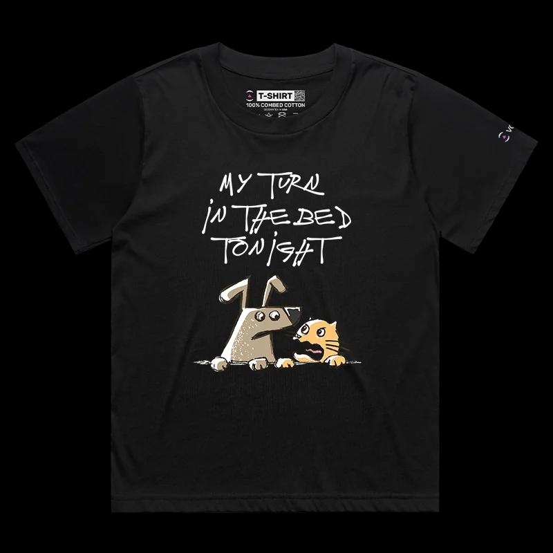 VOICEART Black Female Loose Dog and Cat Arguing Funny Animals Shirt Premium Quality Graphic Furry Friends Tee Pet Owners
