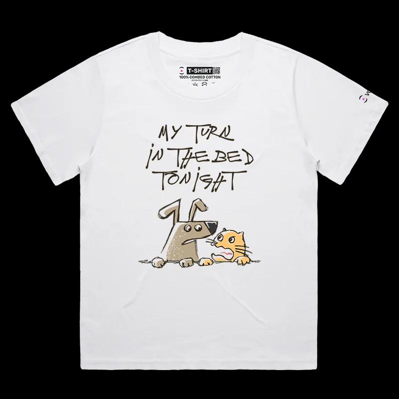 VOICEART White Female Loose Dog and Cat Arguing Funny Animals Shirt Premium Quality Graphic Furry Friends Tee Pet Owners