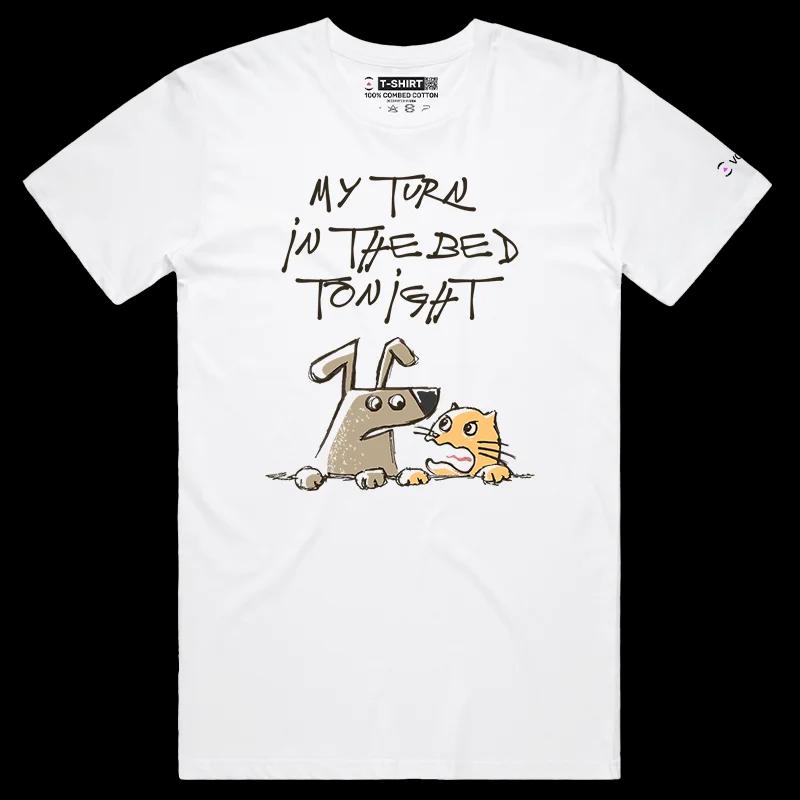 VOICEART White Male Regular Dog and Cat Arguing Funny Animals Shirt Premium Quality Graphic Furry Friends Tee Pet Owners