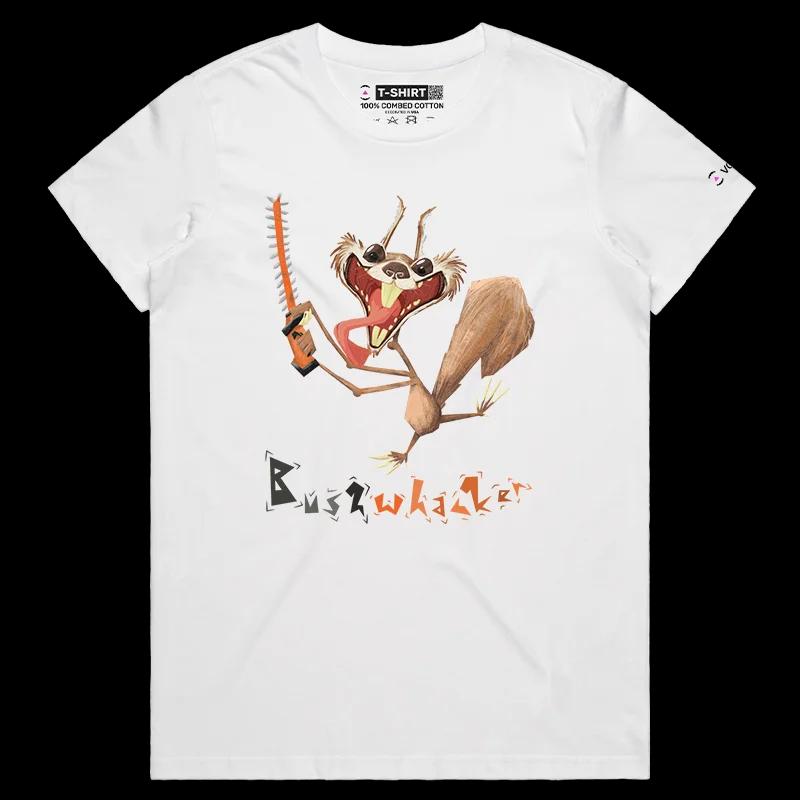VOICEART White Female Regular Crazy Squirrel with a Chainsaw Funny Animals T-Shirt Premium Quality Graphic Bush Trimmer Tee