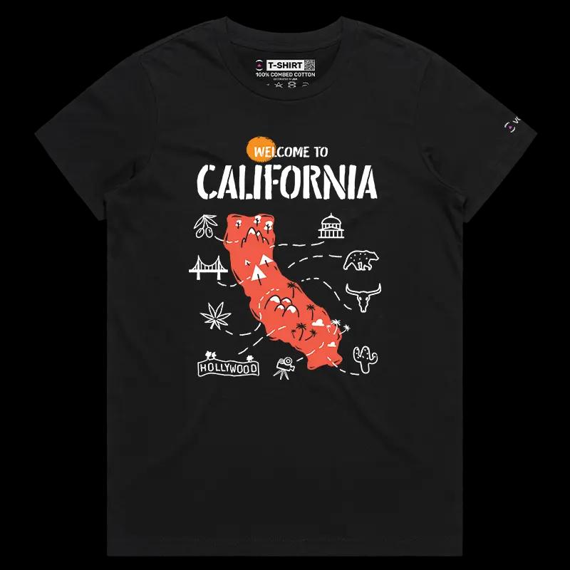 VOICEART Black Female Regular Welcome to California Historical Graphic Tee with Geography Map Short Sleeve Cotton T-Shirt