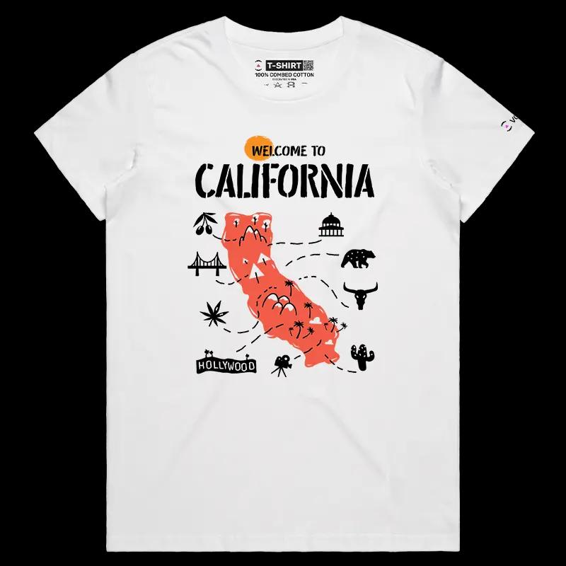 VOICEART White Female Regular Welcome to California Historical Graphic Tee with Geography Map Short Sleeve Cotton T-Shirt