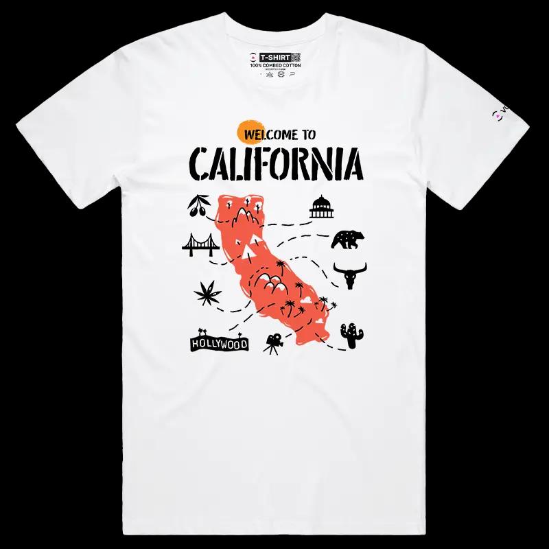 VOICEART White Male Regular Welcome to California Historical Graphic Tee with Geography Map Short Sleeve Cotton T-Shirt