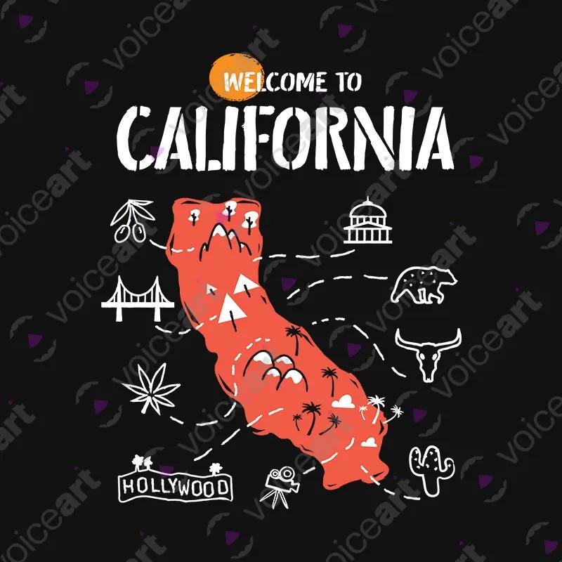 VOICEART Black Watermark Welcome to California Historical Graphic Tee with Geography Map Short Sleeve Cotton T-Shirt