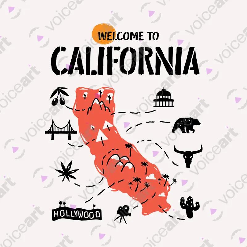 VOICEART White Watermark Welcome to California Historical Graphic Tee with Geography Map Short Sleeve Cotton T-Shirt