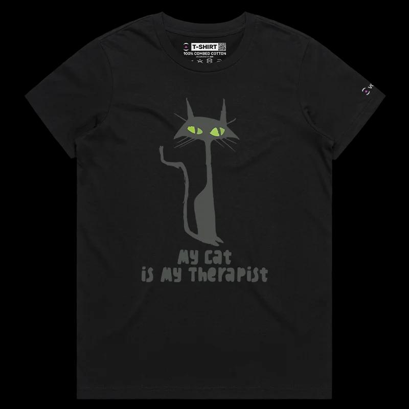 VOICEART Black Female Regular Black Cat as a Therapist Funny Animals T-Shirt with Premium Graphic Design Clever Wordplay Tee