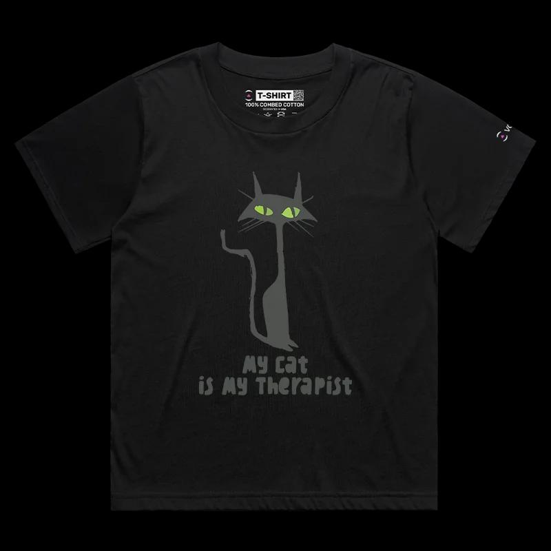 VOICEART Black Female Loose Black Cat as a Therapist Funny Animals T-Shirt with Premium Graphic Design Clever Wordplay Tee