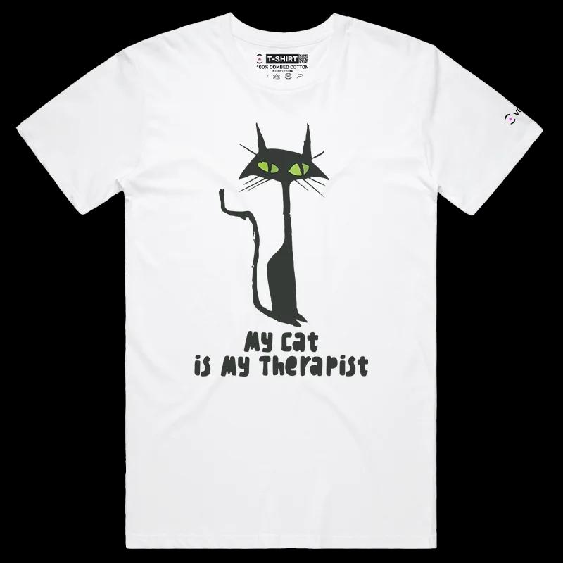 VOICEART White Male Regular Black Cat as a Therapist Funny Animals T-Shirt with Premium Graphic Design Clever Wordplay Tee
