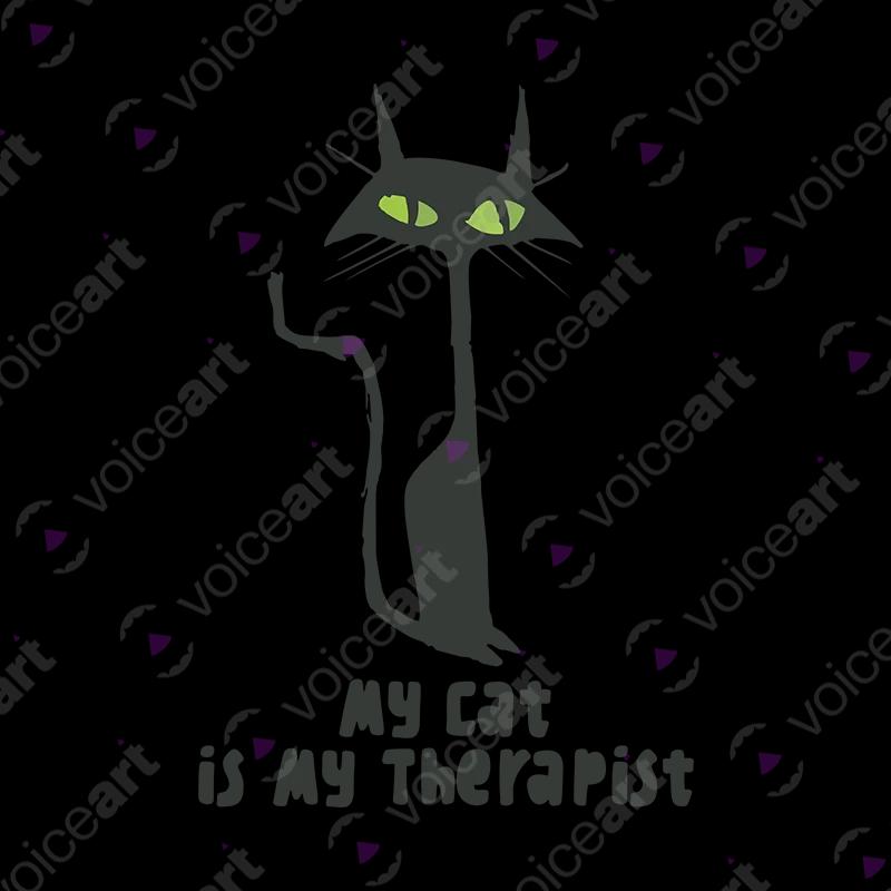 VOICEART White Watermark Black Cat as a Therapist Funny Animals T-Shirt with Premium Graphic Design Clever Wordplay Tee