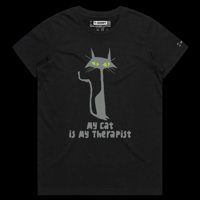 VOICEART Black Female Regular Black Cat as a Therapist Funny Animals T-Shirt with Premium Graphic Design Clever Wordplay Tee