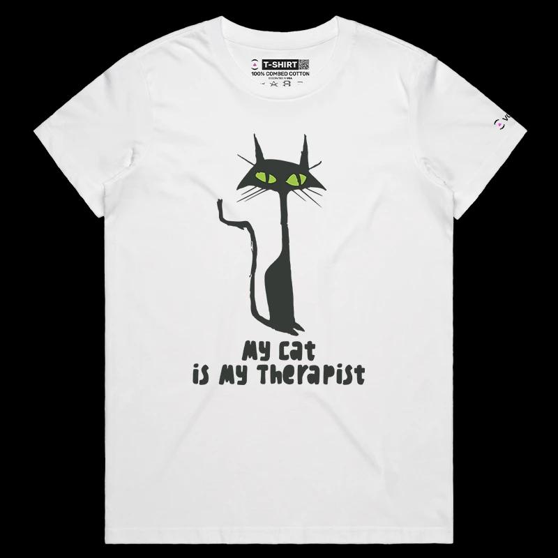 VOICEART White Female Regular Black Cat as a Therapist Funny Animals T-Shirt with Premium Graphic Design Clever Wordplay Tee