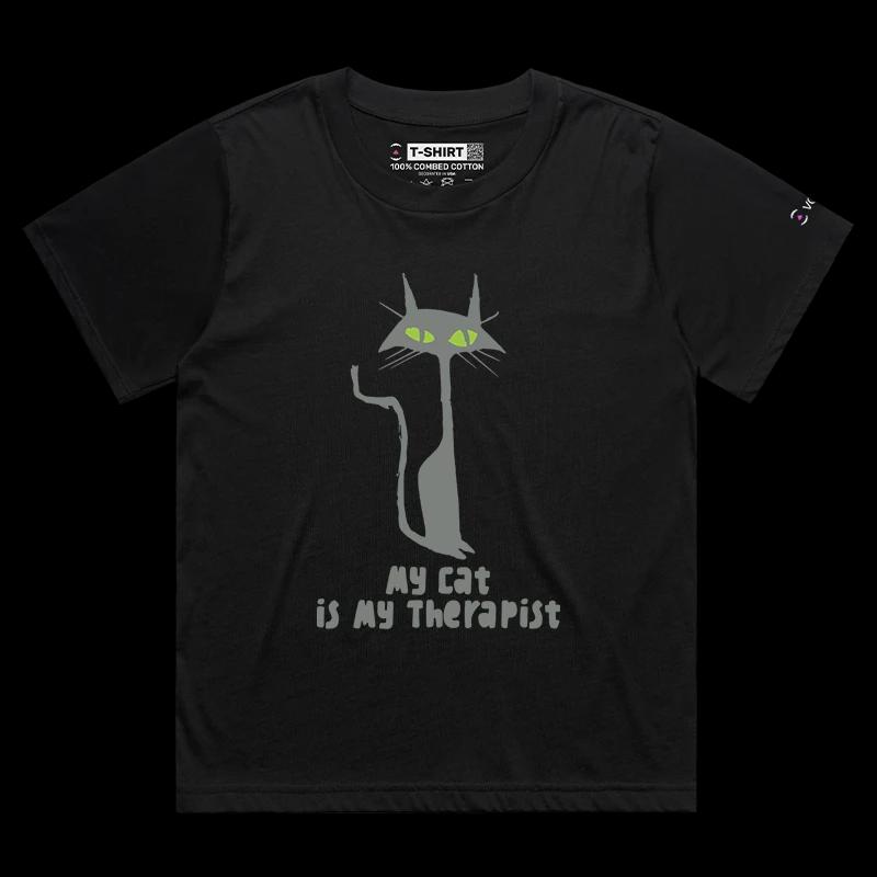 VOICEART Black Female Loose Black Cat as a Therapist Funny Animals T-Shirt with Premium Graphic Design Clever Wordplay Tee
