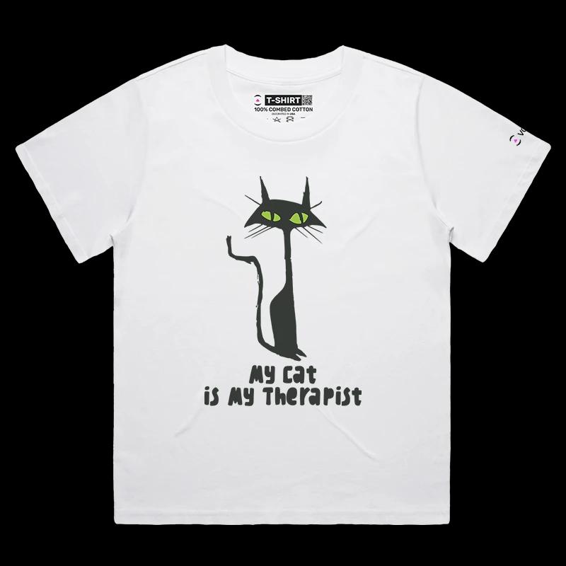 VOICEART White Female Loose Black Cat as a Therapist Funny Animals T-Shirt with Premium Graphic Design Clever Wordplay Tee