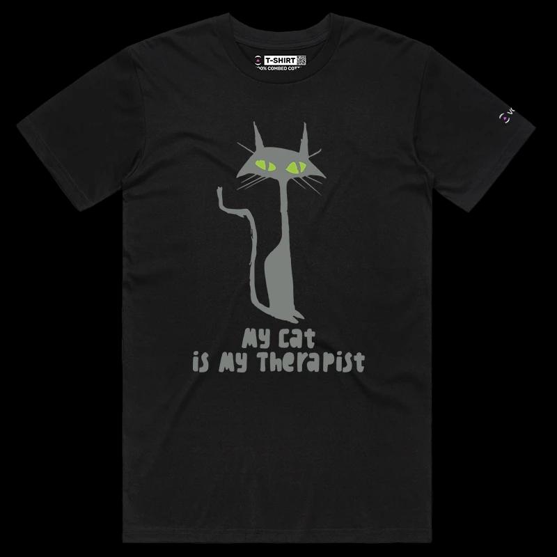 VOICEART Black Male Regular Black Cat as a Therapist Funny Animals T-Shirt with Premium Graphic Design Clever Wordplay Tee