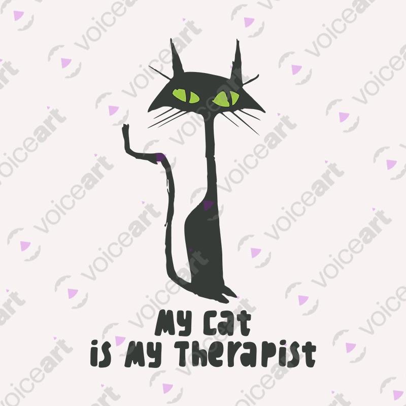VOICEART White Watermark Black Cat as a Therapist Funny Animals T-Shirt with Premium Graphic Design Clever Wordplay Tee
