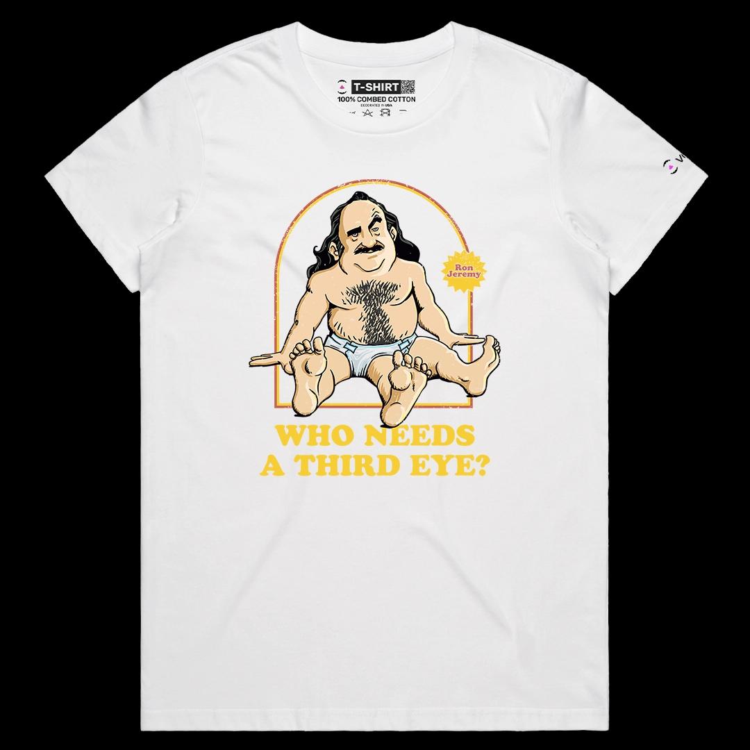 VOICEART White Female Regular Ron Jeremy Funny T-Shirt Premium Graphic Adult Movies Star Tee with Dark Humor Play on Words