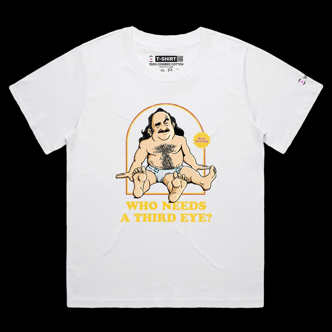 VOICEART White Female Loose Ron Jeremy Funny T-Shirt Premium Graphic Adult Movies Star Tee with Dark Humor Play on Words
