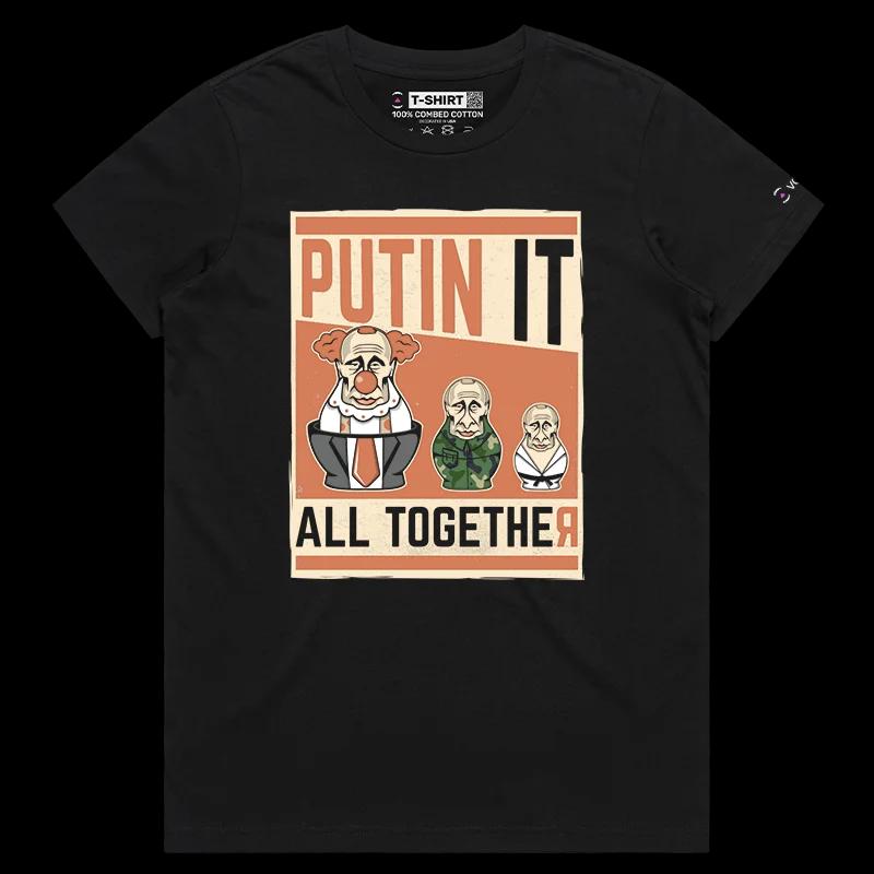 VOICEART Black Female Regular Vladimir Putin Funny Political T-Shirt with Premium Graphic Design Clowning Russian Dolls Tee