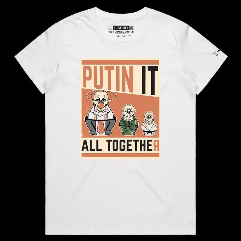 VOICEART White Female Regular Vladimir Putin Funny Political T-Shirt with Premium Graphic Design Clowning Russian Dolls Tee