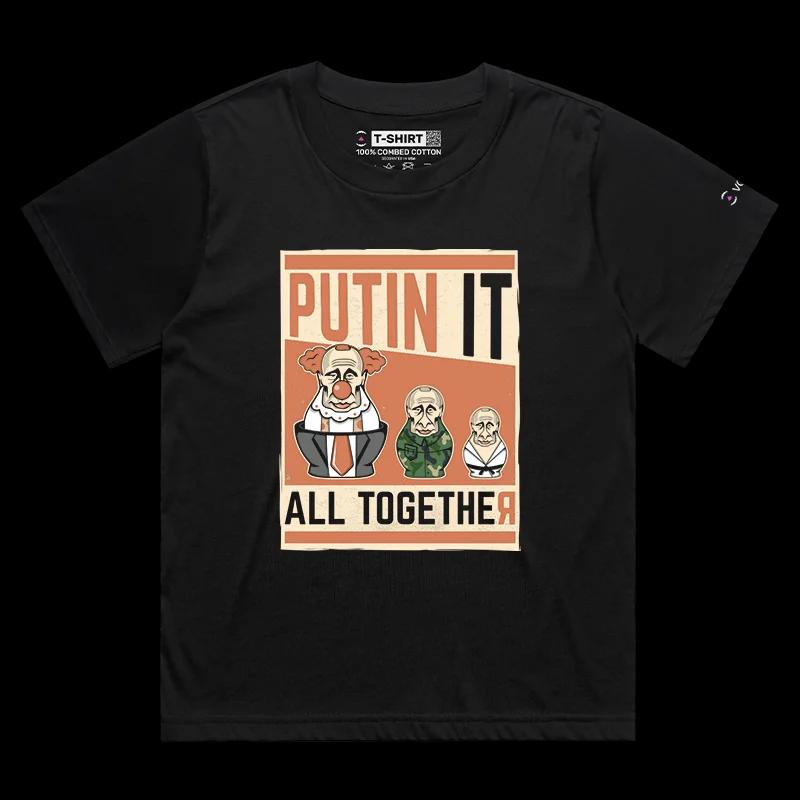 VOICEART Black Female Loose Vladimir Putin Funny Political T-Shirt with Premium Graphic Design Clowning Russian Dolls Tee