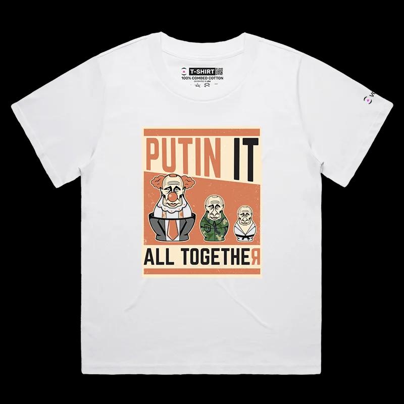 VOICEART White Female Loose Vladimir Putin Funny Political T-Shirt with Premium Graphic Design Clowning Russian Dolls Tee