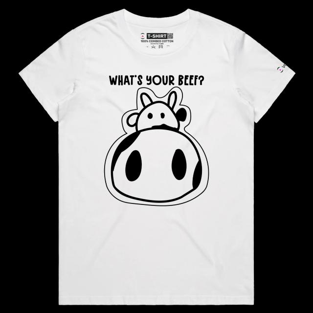 VOICEART White Female Regular Angry Cow with an Attitude Funny Animals Shirt Premium Quality Graphic What's Your Beef Tee v1